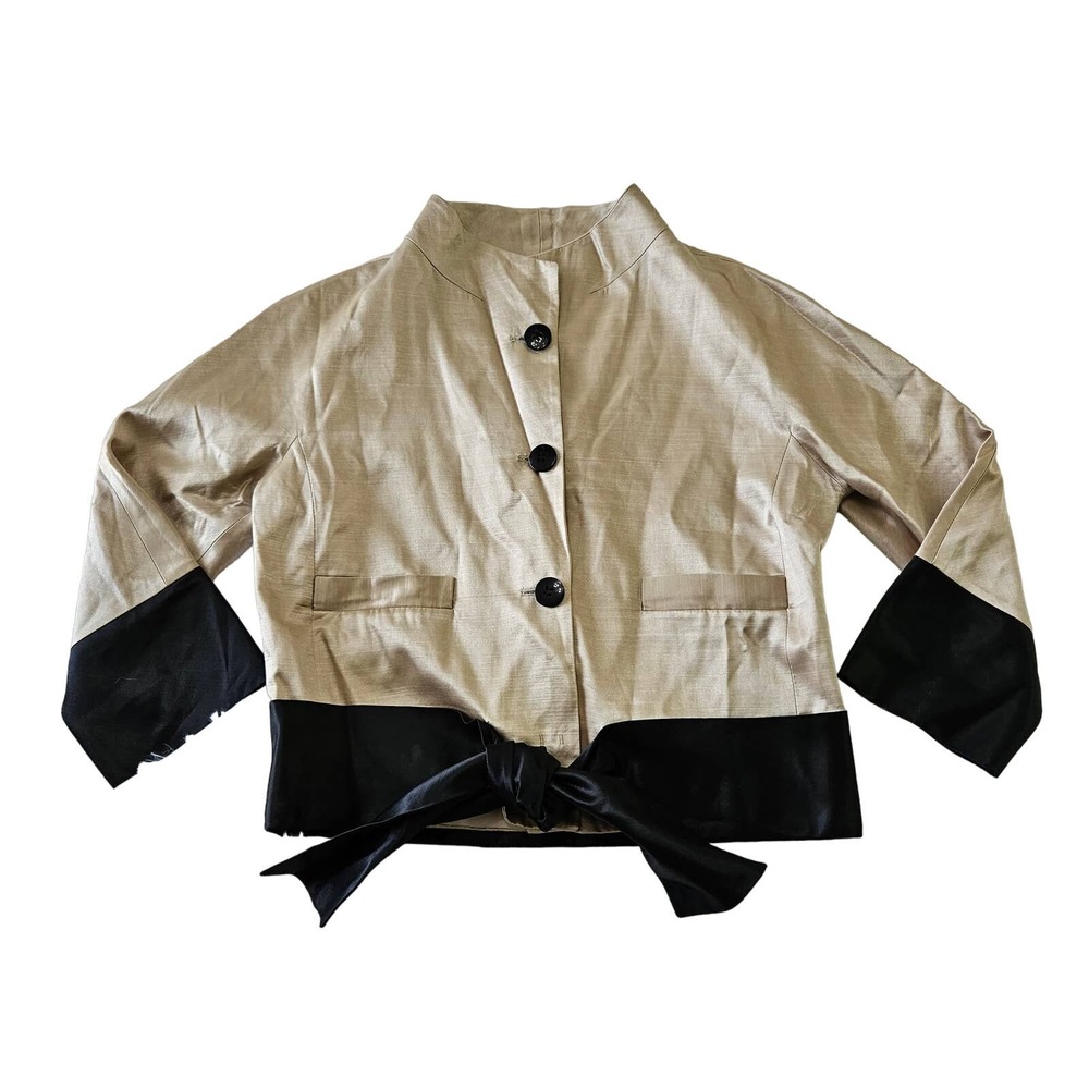 Osmio Women Beige & Black Silk Blend Button Up Tie Front Jacket. Size‎ 38/ US 8